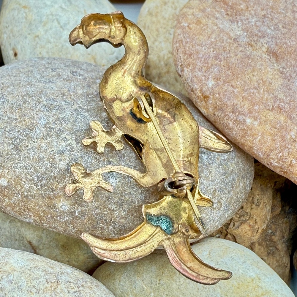 Vintage Damascene Bird Brooch | Toledo Spain Gold Black Red Enamel Parrot Pin - Picture 5 of 11